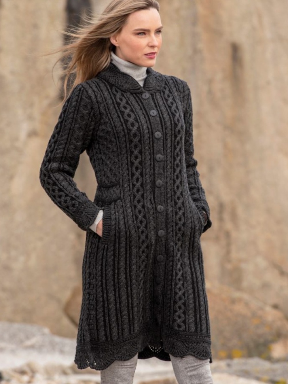 Aran Crafts Ireland Scallop Edge Coat in Charcoal